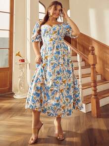 S BETRO 大碼印花雞心領口泡泡袖洋裝 - 彩色 - 查看 3