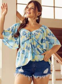 S BETRO Áo sơ mi Plus Size Dây kéo Viên lá sen Hoa Tất cả trên in Boho - Màu xanh lam - Xem 1