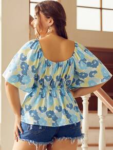 S BETRO Áo sơ mi Plus Size Dây kéo Viên lá sen Hoa Tất cả trên in Boho - Màu xanh lam - Xem 2