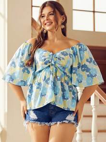 S BETRO Áo sơ mi Plus Size Dây kéo Viên lá sen Hoa Tất cả trên in Boho - Màu xanh lam - Xem 3