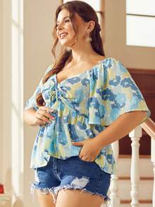 S BETRO Áo sơ mi Plus Size Dây kéo Viên lá sen Hoa Tất cả trên in Boho - Màu xanh lam - Xem 5