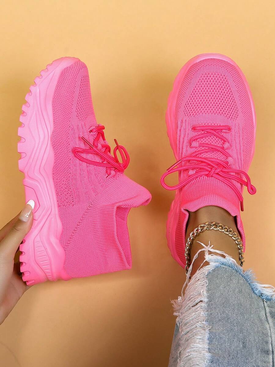 Funky Chunky Sneakers For Women, Neon Pink Knit Detail Lace-up Front Sneakers