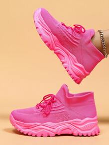Funky Chunky Sneakers For Women, Neon Pink Knit Detail Lace-up Front Sneakers - Hot Pink - View 3