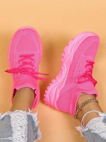 Funky Chunky Sneakers For Women, Neon Pink Knit Detail Lace-up Front Sneakers - Hot Pink - View 5