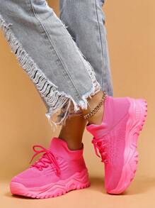 Funky Chunky Sneakers For Women, Neon Pink Knit Detail Lace-up Front Sneakers - Hot Pink - View 6