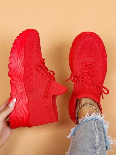 2025 Autumn Sporty Chunky Sneakers For Women, Knit Detail Lace-Up Front Sneakers