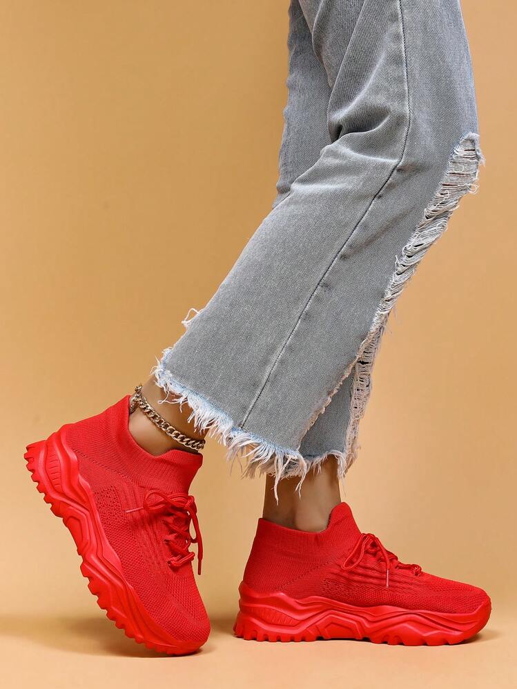 Funky Chunky Sneakers For Women, Neon Pink Knit Detail Lace-up