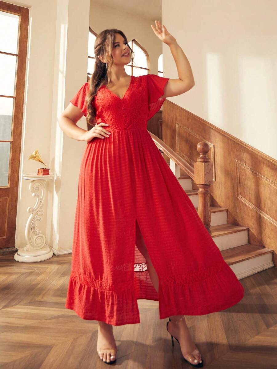 S BETRO Đầm Plus Size Tương phản ren Viên lá sen Chia màu trơn Thanh lịch - Đỏ - Xem 1