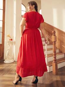 S BETRO Đầm Plus Size Tương phản ren Viên lá sen Chia màu trơn Thanh lịch - Đỏ - Xem 2