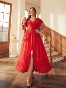 S BETRO Đầm Plus Size Tương phản ren Viên lá sen Chia màu trơn Thanh lịch - Đỏ - Xem 3