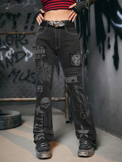 ROMWE Grunge Punk Kpop Skull & Letter Graphic Jeans Without Belt, School