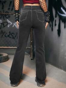 ROMWE Grunge Punk Kpop Skull & Letter Graphic Jeans Without Belt, School