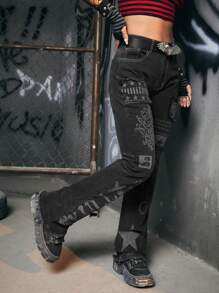 ROMWE Grunge Punk Kpop Skull & Letter Graphic Jeans Without Belt, School