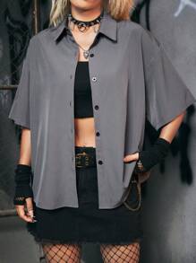 ROMWE Grunge Punk 翅膀和字母圖案落肩袖襯衫 - 深灰色 - 查看 3