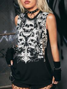 ROMWE Grunge Punk Top tank estampado de cráneo - Negro - Ver 4