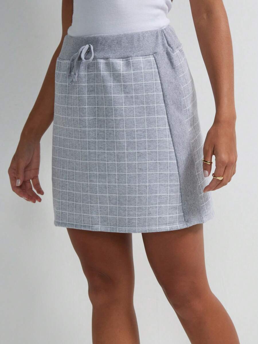 SHE(IN) BRASIL 格紋印花腰部抽繩半身裙 - 淺灰色 - 查看 1