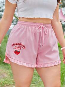 ROMWE Kawaii Plus Strawberry & Letter Graphic Drawstring Waist Ruffle Hem Shorts - Pink - View 1