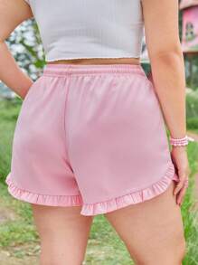 ROMWE Kawaii Plus Strawberry & Letter Graphic Drawstring Waist Ruffle Hem Shorts - Pink - View 2