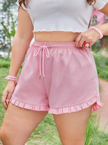 ROMWE Kawaii Plus Strawberry & Letter Graphic Drawstring Waist Ruffle Hem Shorts - Pink - View 3