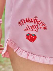 ROMWE Kawaii Plus Strawberry & Letter Graphic Drawstring Waist Ruffle Hem Shorts - Pink - View 5
