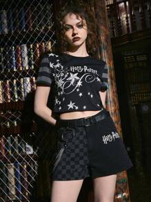 Harry Potter | ROMWE 格紋字母圖案牛仔短褲 - 黑色 - 查看 5