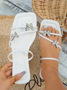 Glamorous Slide Sandals For Women, Rhinestone & Butterfly Decor Flat Sandals