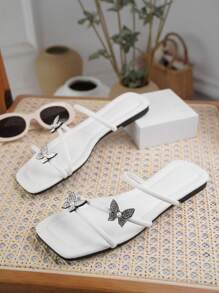 Glamorous Slide Sandals For Women, Rhinestone & Butterfly Decor Flat Sandals
