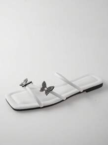 Glamorous Slide Sandals For Women, Rhinestone & Butterfly Decor Flat Sandals