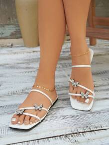 Glamorous Slide Sandals For Women, Rhinestone & Butterfly Decor Flat Sandals