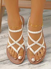planare Sandal đế bằng quai dệt màu trắng dành cho nữ, kiểu dáng tối giản, thoải mái, co giãn, thích hợp cho mùa hè, đi nghỉ mát, phong cách Boho. - trắng - Xem 8