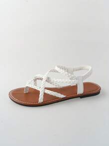 planare Sandal đế bằng quai dệt màu trắng dành cho nữ, kiểu dáng tối giản, thoải mái, co giãn, thích hợp cho mùa hè, đi nghỉ mát, phong cách Boho. - trắng - Xem 10