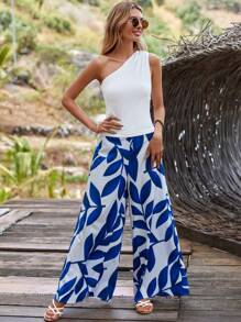 SHEIN VCAY Bộ đồ hai mảnh nữ Thực vật Boho - Xanh và trắng - Xem 4