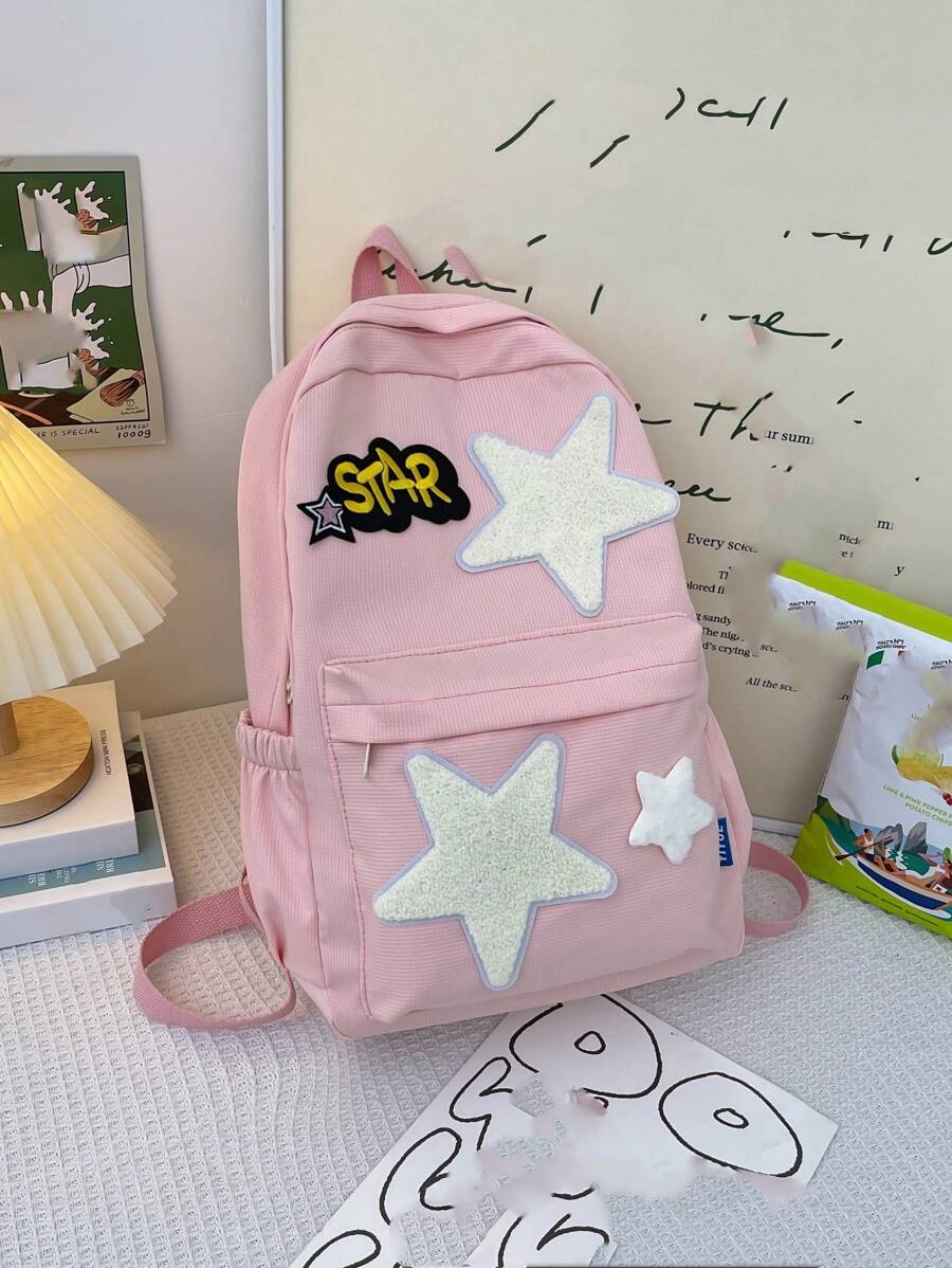 校園小眾帆布星星書包對比日韓ins時尚百搭可愛粉色大容量背包 - 粉色 - 查看 1