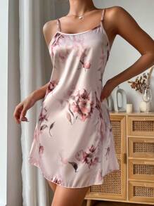 印花緞面吊帶睡裙 - 粉色 - 查看 3