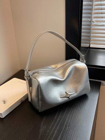 素色時尚肩膀金屬裝飾流浪包前衛灰色大容量PU皮革