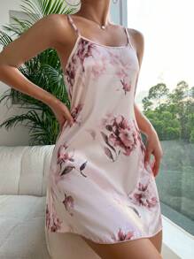 印花緞面吊帶睡裙 - 粉色 - 查看 5