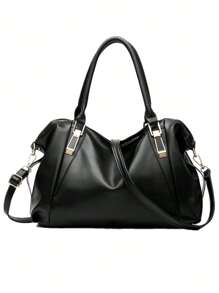 Stylish Large Capacity PU Shoulder Bag Casual Solid Color Handbag With Zipper - Black - View 1