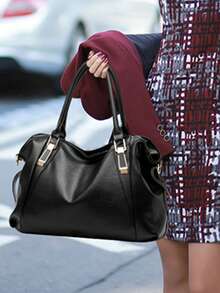 Stylish Large Capacity PU Shoulder Bag Casual Solid Color Handbag With Zipper - Black - View 4