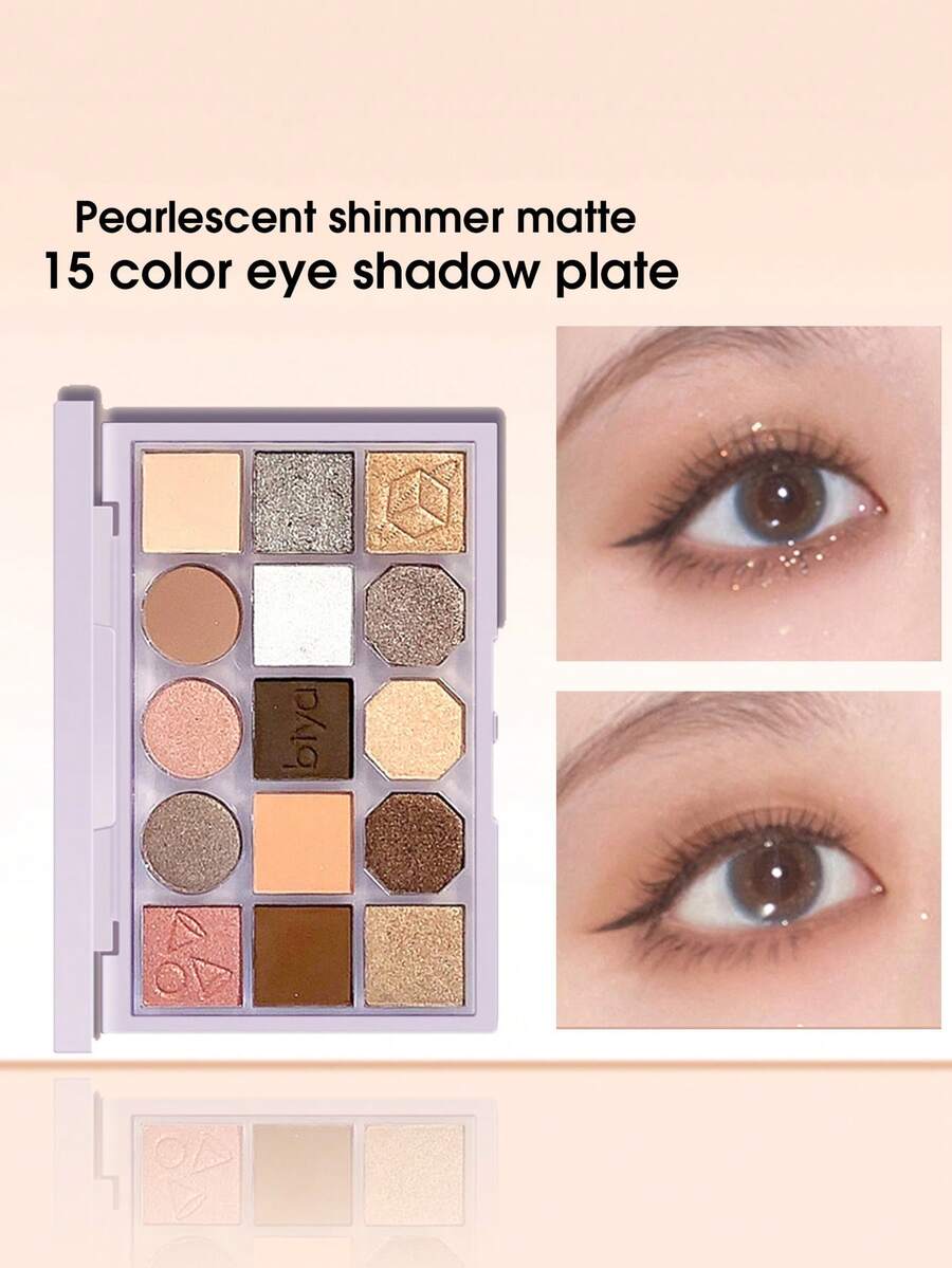 Biya 15色眼影盤,珠光珠光啞光眼妝託盤眼影袖珍持久眼妝 - 彩色 - 查看 1