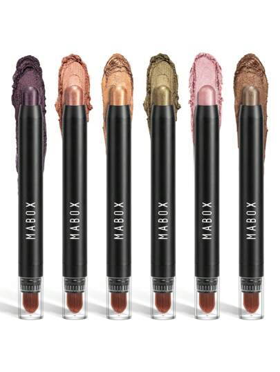 MABOX 眼影筆,6入組雙頭金屬亮絲眼影棒帶刷套裝眼妝棒