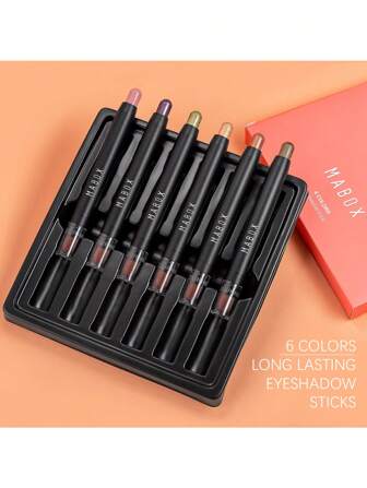 MABOX 眼影筆,6入組雙頭金屬亮絲眼影棒帶刷套裝眼妝棒
