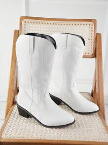 優雅西部牛仔靴適用於女士針腳細節粗跟時尚靴子 - 白色 - 查看 2