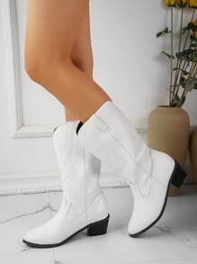 優雅西部牛仔靴適用於女士針腳細節粗跟時尚靴子 - 白色 - 查看 3