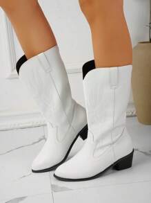 優雅西部牛仔靴適用於女士針腳細節粗跟時尚靴子 - 白色 - 查看 5