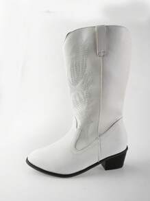 優雅西部牛仔靴適用於女士針腳細節粗跟時尚靴子 - 白色 - 查看 6