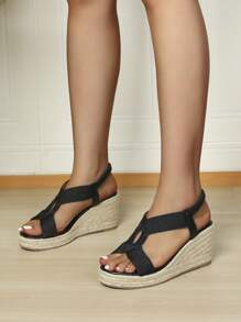 女士編織細節編織露跟度假黑色滌綸坡跟涼鞋