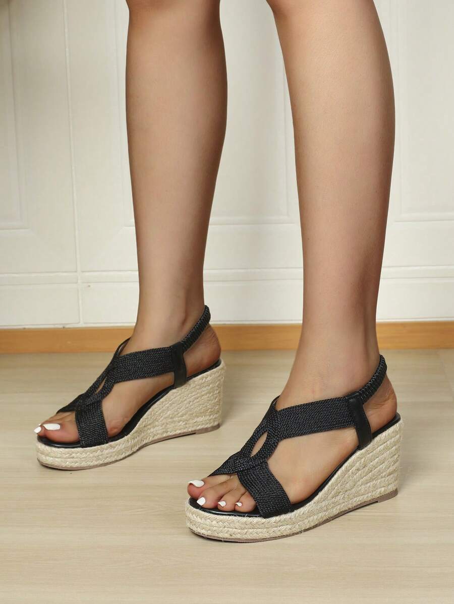 女士編織細節編織露跟度假黑色滌綸坡跟涼鞋