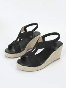 女士編織細節編織露跟度假黑色滌綸坡跟涼鞋