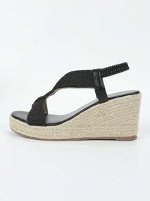 女士編織細節編織露跟度假黑色滌綸坡跟涼鞋