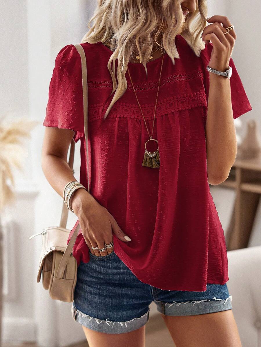 EMERY ROSE Swiss Dot Contrast Lace Puff Sleeve Blouse - Burgundy - View 1